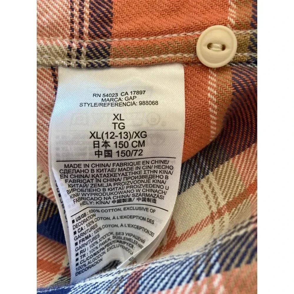 Gap Flannel Shirt Blue Cream Coral Plaid Size XL 12